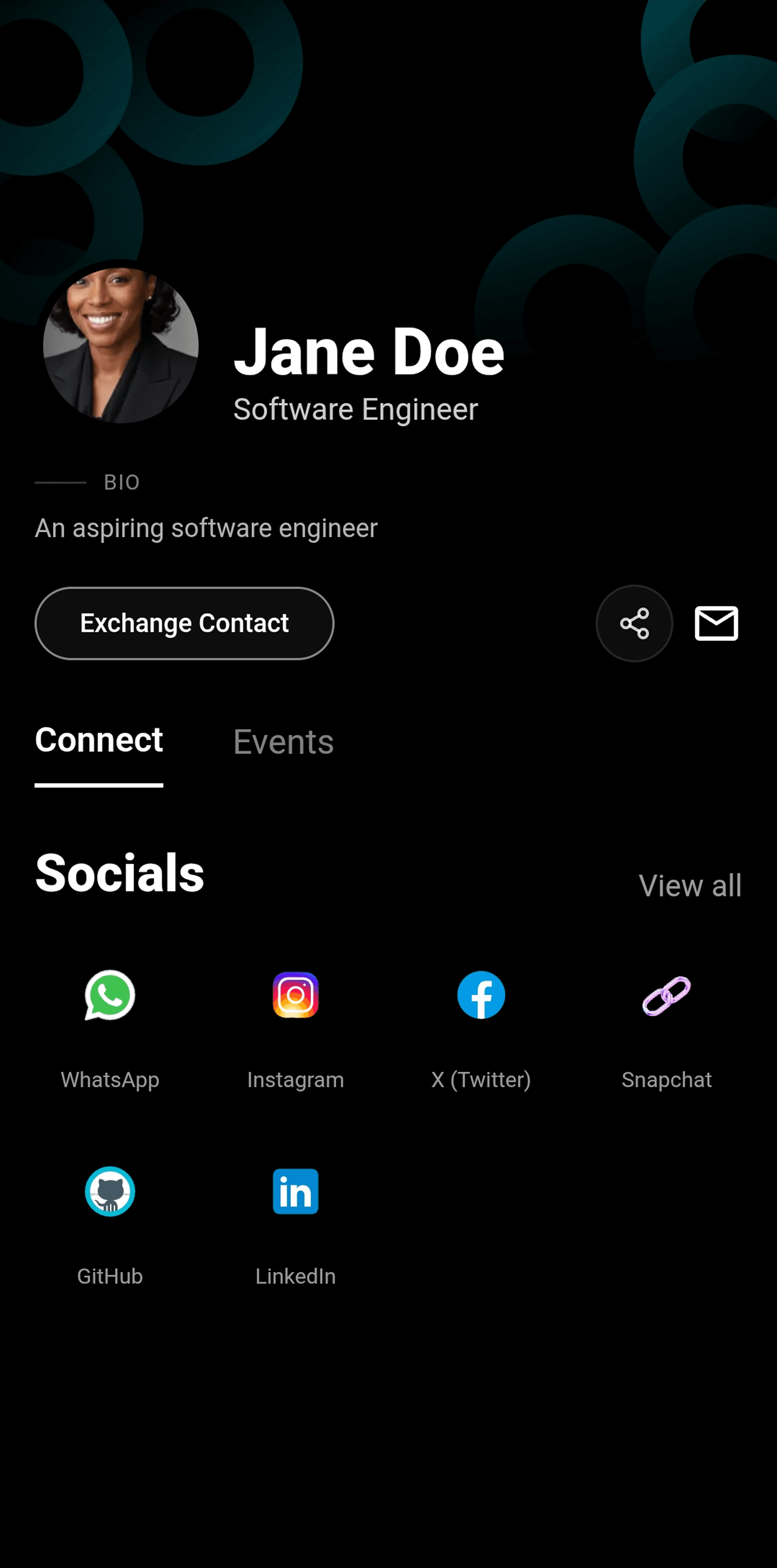Connect digital profile showing contact info, socials, and links